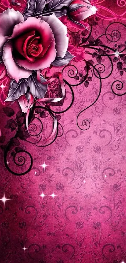 Elegant pink floral wallpaper with roses and swirls.