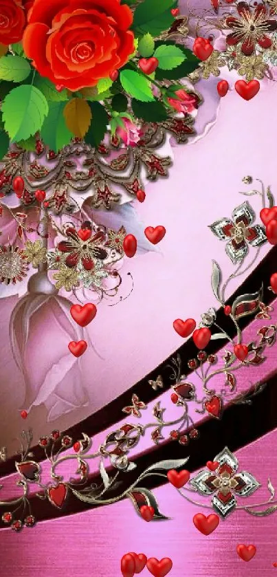 Elegant pink wallpaper with roses and artistic floral designs.