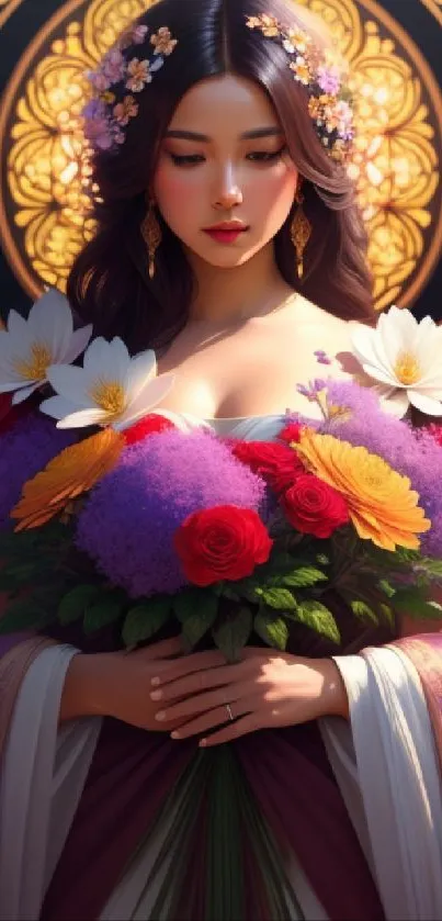 Elegant portrait of woman with vibrant floral bouquet.