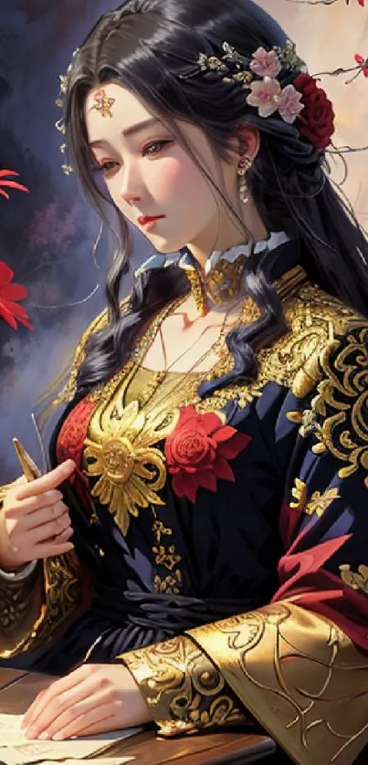 Elegant woman in floral traditional attire with gold accents.