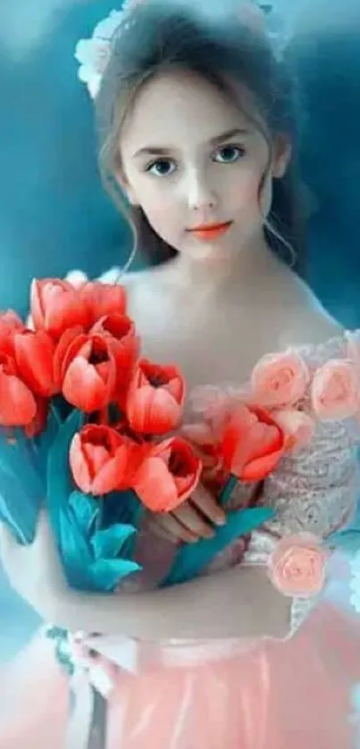 Young girl holding tulips in a dreamy floral portrait.