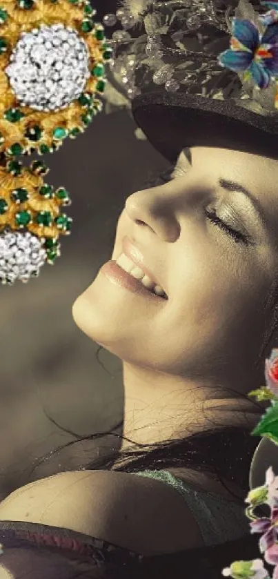 Woman smiling with hat and floral designs in elegant wallpaper.
