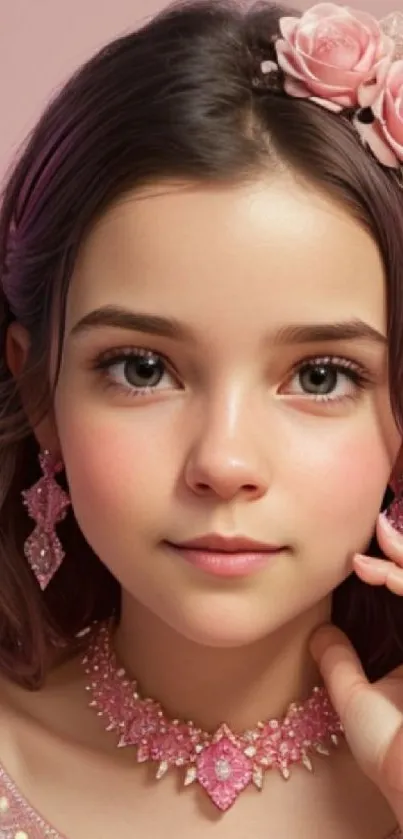 Portrait of a young girl with pink flowers and elegant accessories.