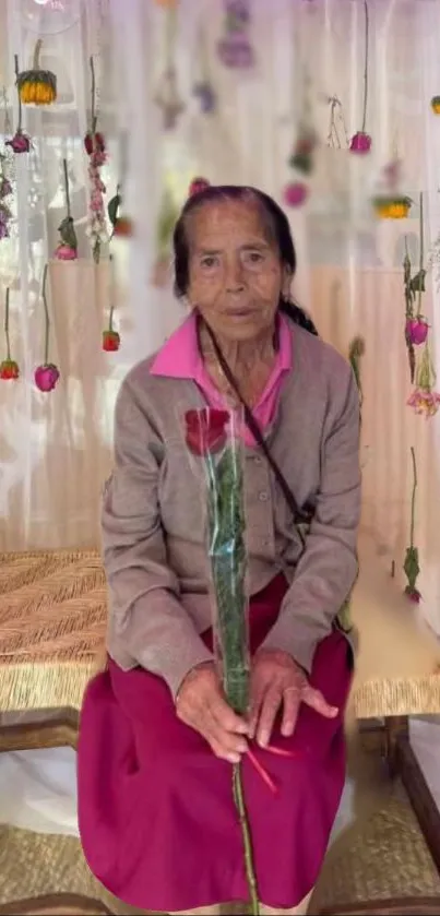 Seated elderly lady with floral backdrop.