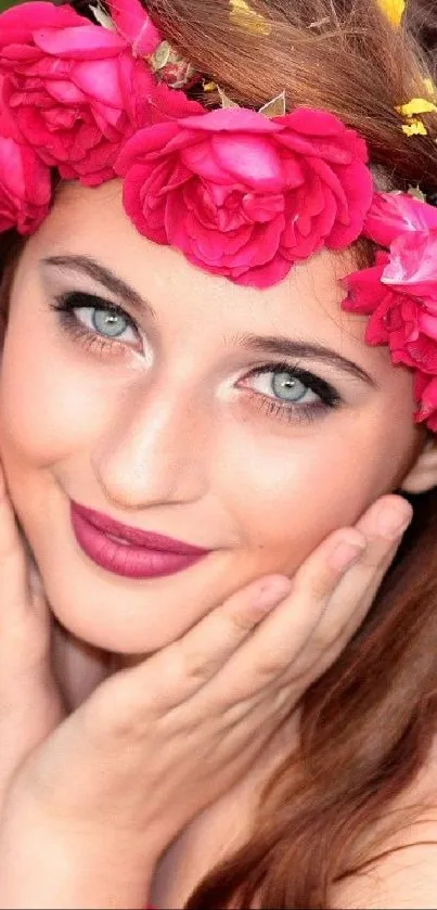 Woman in red with floral crown mobile wallpaper