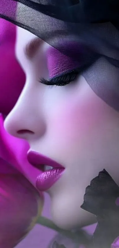 Elegant woman's profile with purple rose wallpaper for phones.