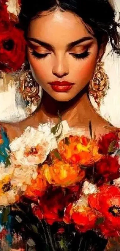 Elegant portrait with floral background in vibrant colors.