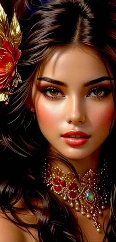 Elegant woman with floral jewelry and vibrant background.