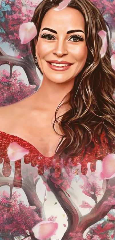 Digital art portrait with pink floral background