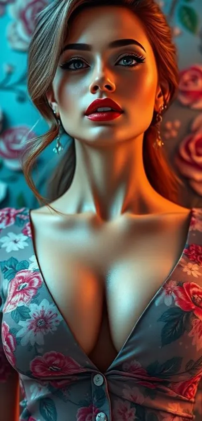 Elegant woman with floral dress on wallpaper