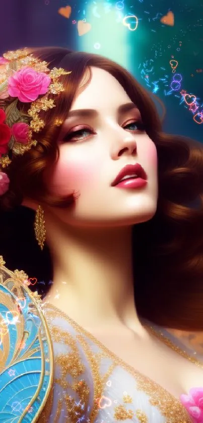 Elegant floral portrait of a woman with roses, vibrant and romantic.