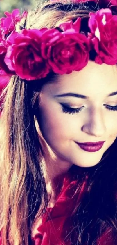 Portrait of a woman with pink rose crown, eyes closed and serene expression.