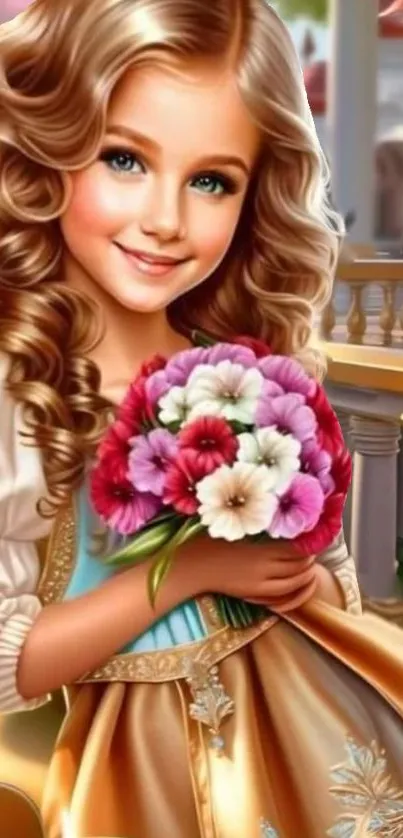 Young girl with flowers in elegant portrait wallpaper.