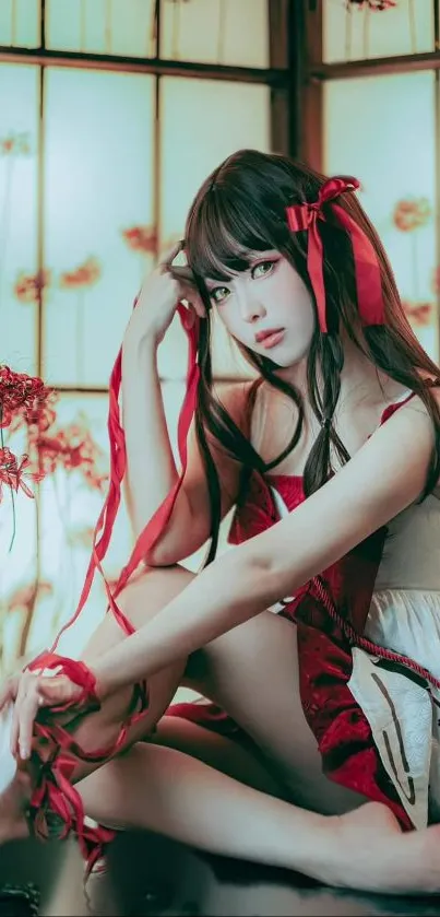 Cosplay anime girl with red ribbons seated elegantly.