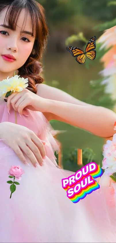 Woman in pink dress with floral arrangement in nature.