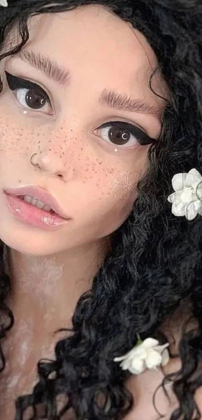 Elegant portrait of a freckled face with black curls and white flowers.