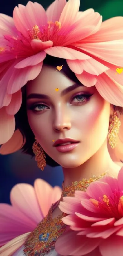 Elegant portrait with vibrant pink flowers and intricate design details.