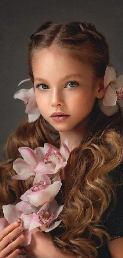 Portrait of girl with orchids against a dark background wallpaper.