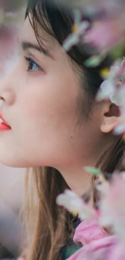 A serene portrait with pink flowers surrounding a woman's profile.