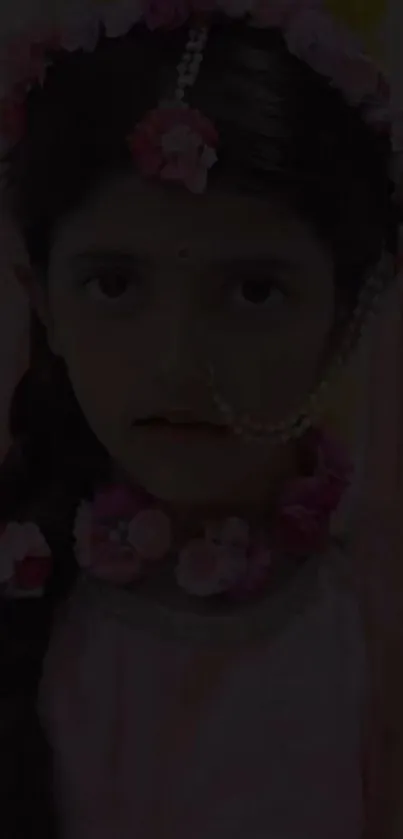 Young girl with floral accessories and dark background.