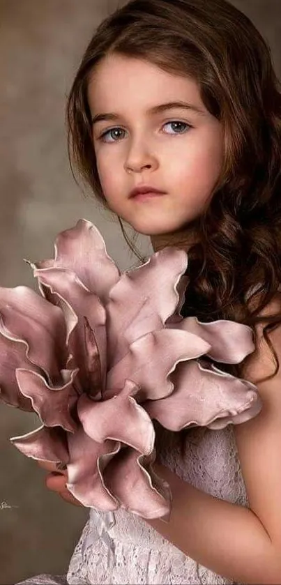 Young girl holds a large blush flower in elegant portrait.