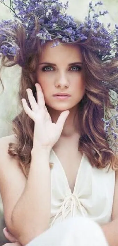 Woman with elegant purple flower crown in serene portrait.