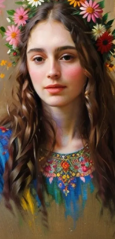 Artistic floral portrait of a woman wearing a colorful flower crown.