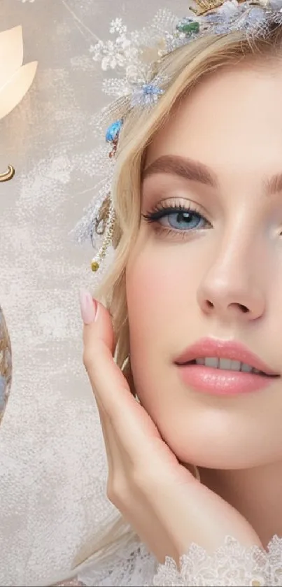 Elegant floral portrait with soft beige tones and lace accents.