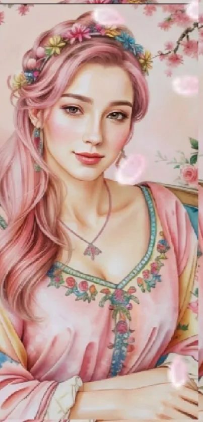 Beautiful floral-themed portrait wallpaper of a woman with pastel pink colors.