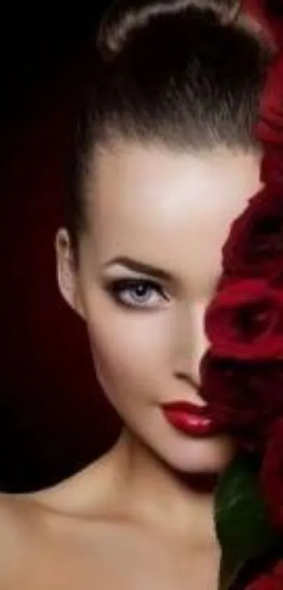 Elegant woman with red roses portrait wallpaper.