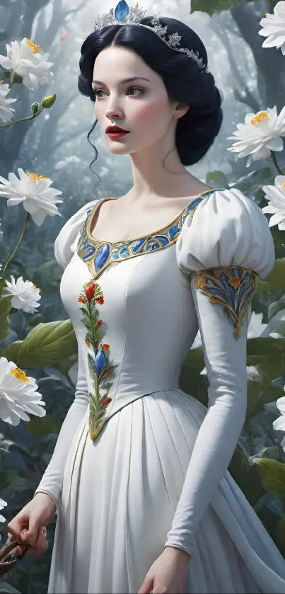 Princess in white gown with floral background.