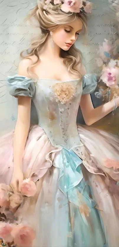 Elegant floral princess in pastel gown.