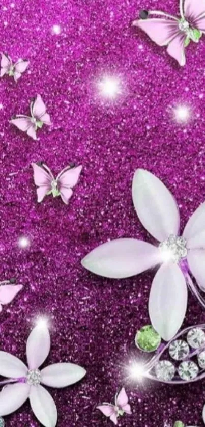 Purple glitter wallpaper with flowers and butterflies.