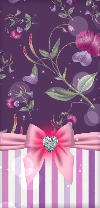 Purple wallpaper with floral design and pink bow accent.