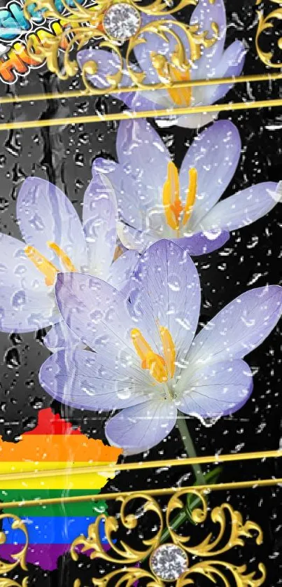 Elegant floral wallpaper with golden accents and purple flowers in rain.