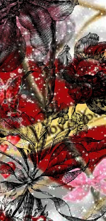 Intricate red and black floral design with snowflake effects on wallpaper.