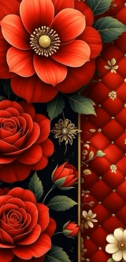 Elegant floral red wallpaper with roses and intricate patterns.