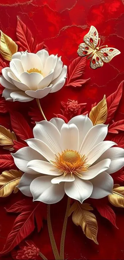 White flowers with butterfly on red background.