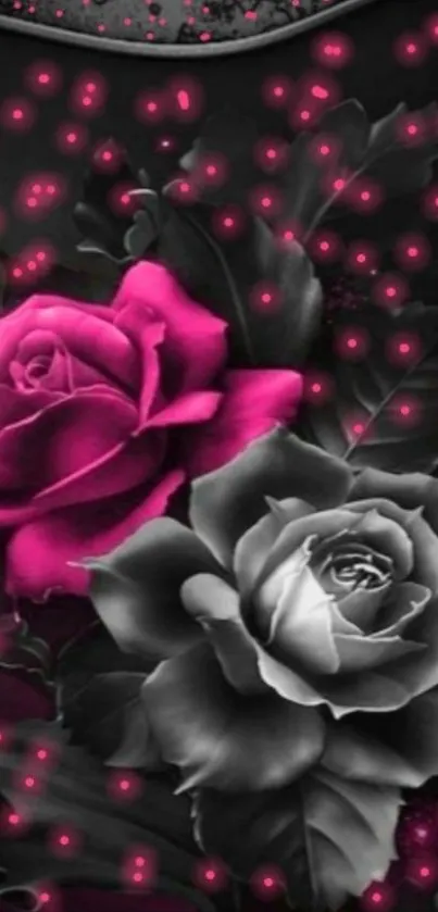 Elegant floral wallpaper with pink and grayscale roses.
