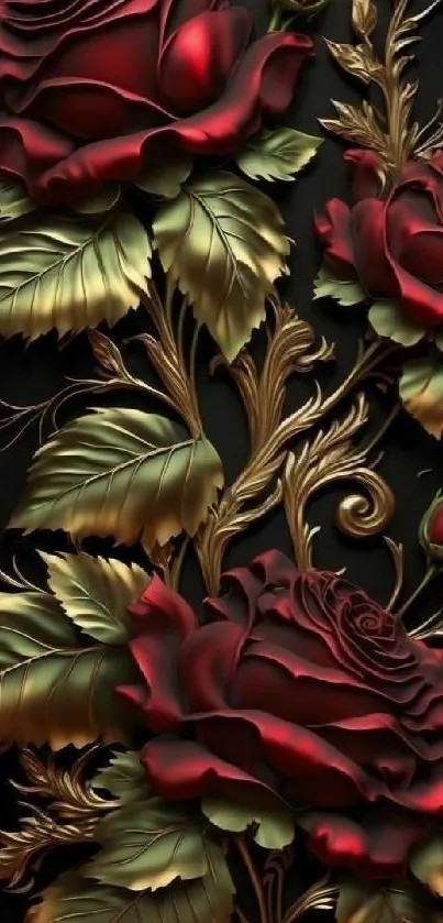 Intricate red roses with detailed leaves on dark background.