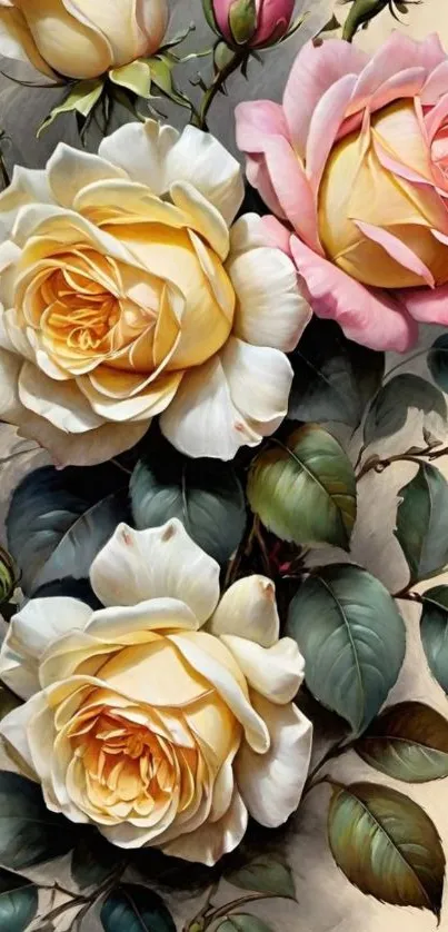 Elegant bouquet of yellow and pink roses in artistic style.