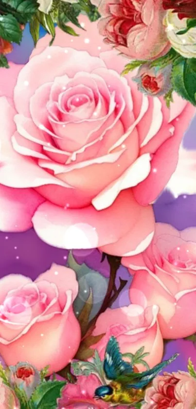 Elegant wallpaper of pink roses with vibrant floral accents.