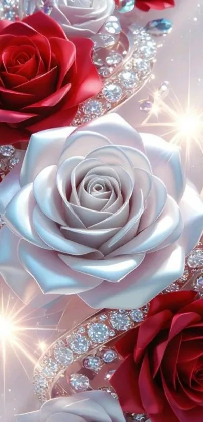 Red and white roses with sparkling diamonds wallpaper