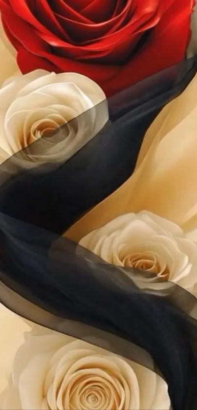 Elegant arrangement of red and white roses with black sheer fabric.