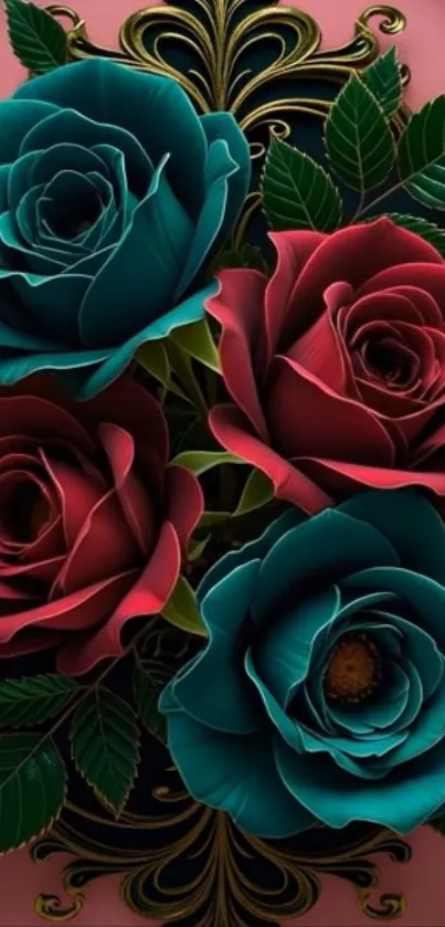 Elegant wallpaper showing red and teal roses with green leaves.