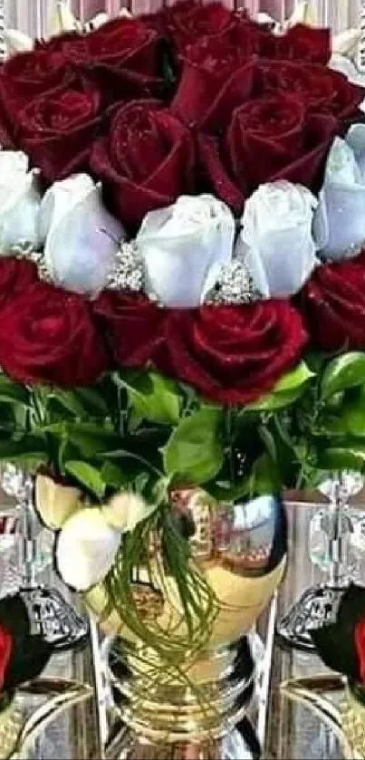 Elegant bouquet of red and white roses in a golden vase.