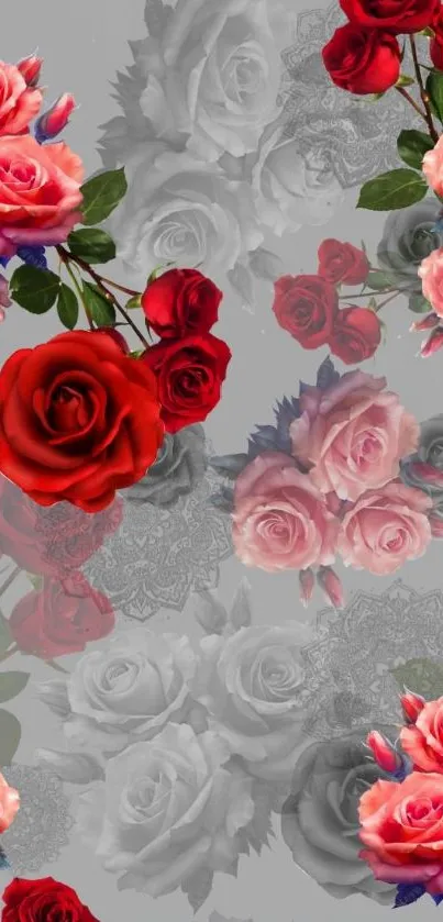 Elegant wallpaper with red and pink roses on a gray background.