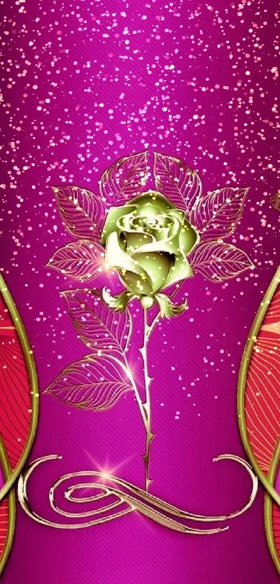 Elegant phone wallpaper with green rose on purple background.