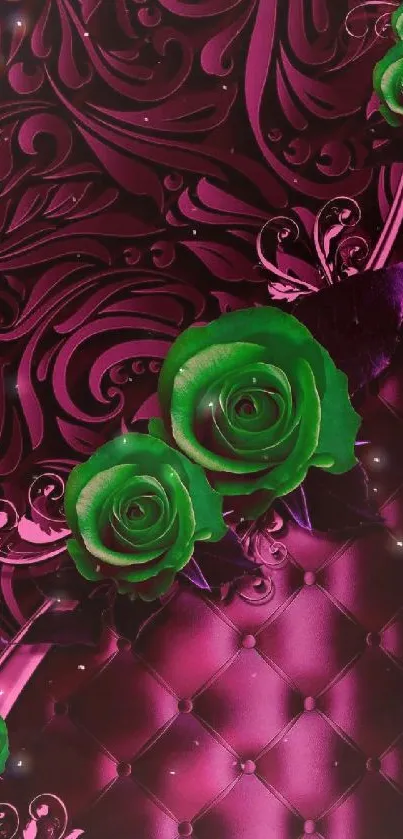 Elegant wallpaper with green roses on magenta background.