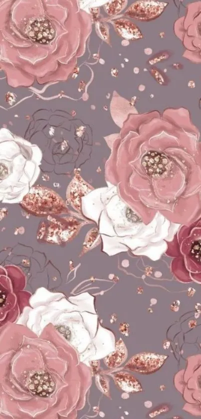 Elegant floral wallpaper with pink and white roses on mauve background.